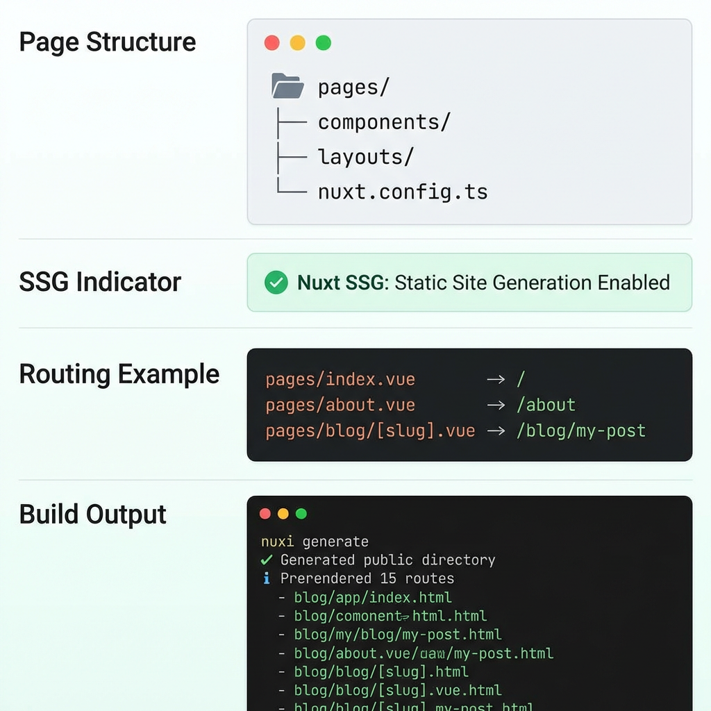 Nuxt SSG Overview - Page Structure, SSG Indicator, Routing Example and Build Output